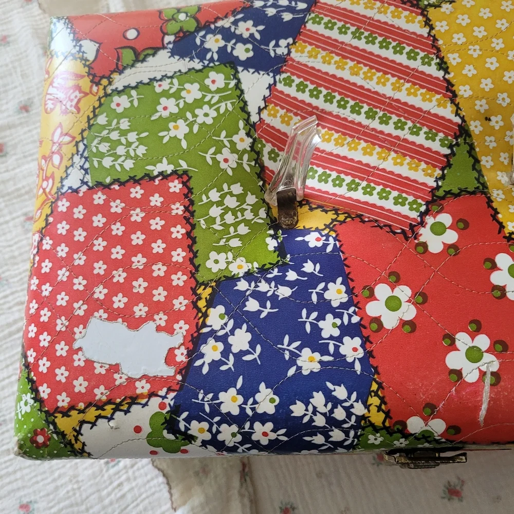 Vintage 1970's Patchwork Floral Sewing Train Case Storage Faux Quilted